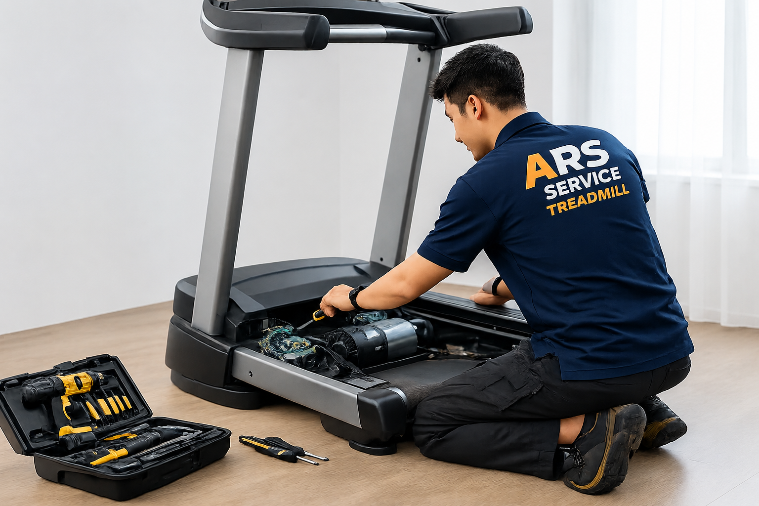Teknisi ARS Service Treadmil sedang memperbaiki treadmill