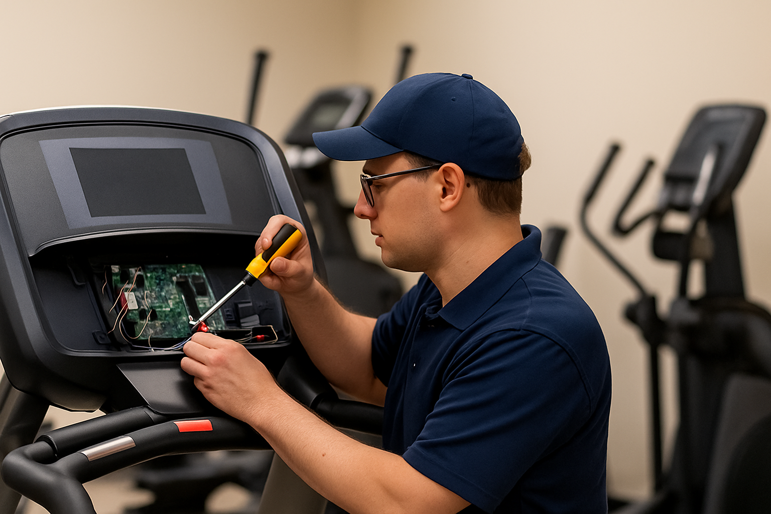 Teknisi ARS Service Treadmil sedang memperbaiki treadmill elektrik di Jakarta